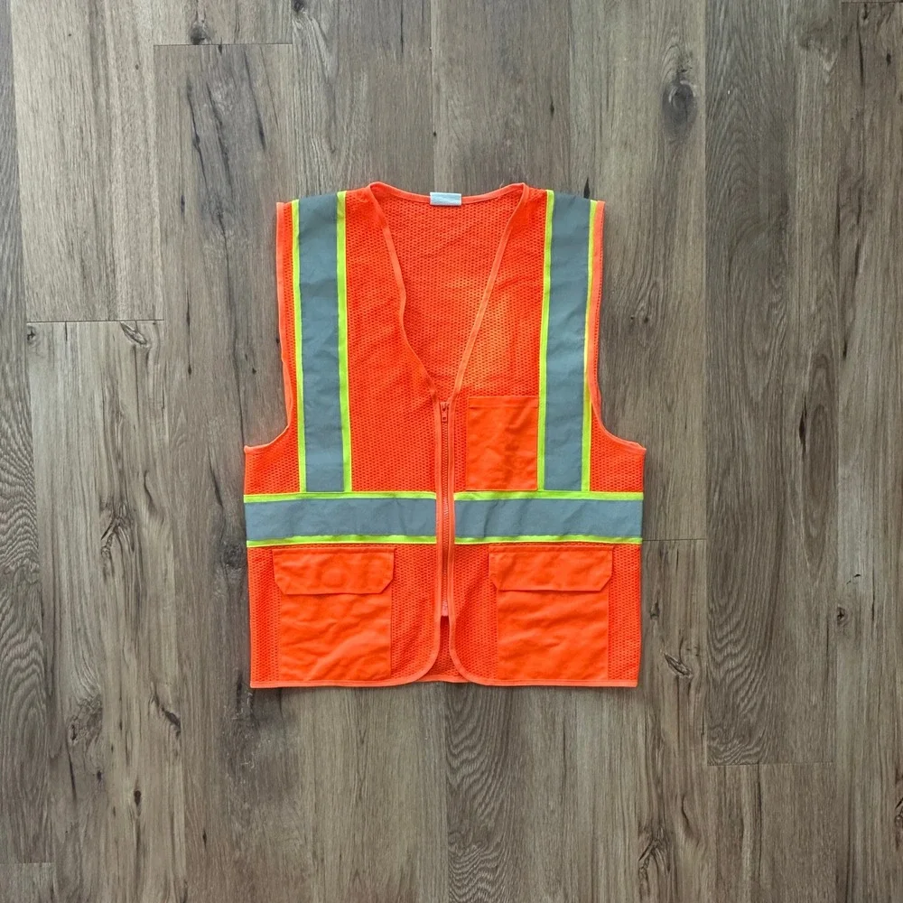 Hi-Vis Orange Mesh Safety Vest Reflective Striped Zipper Pockets EN 471 Large - Picture 1 of 5